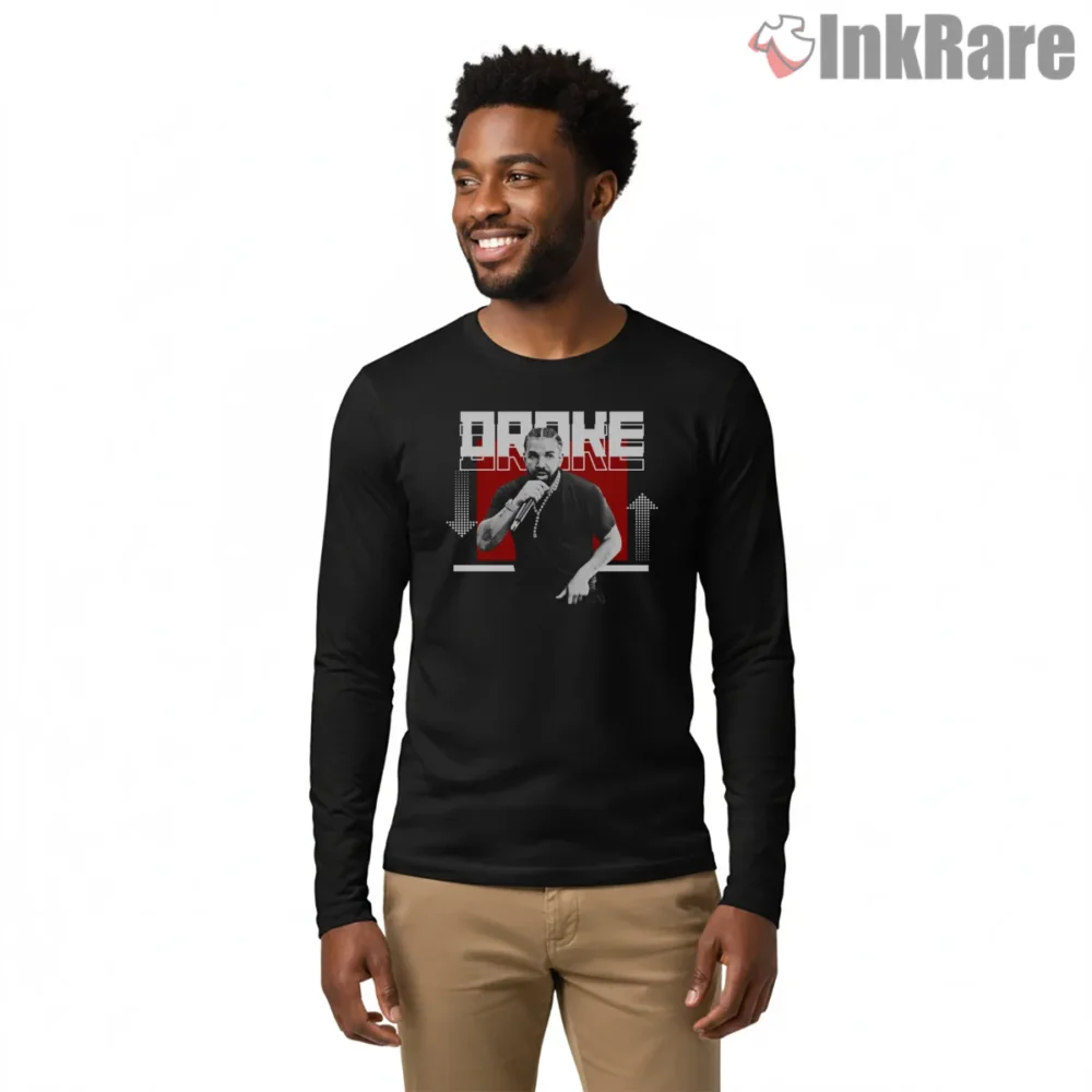 Drake Red Stage Arrows Performance Shirt on black long sleeve shirt for men graphic tee