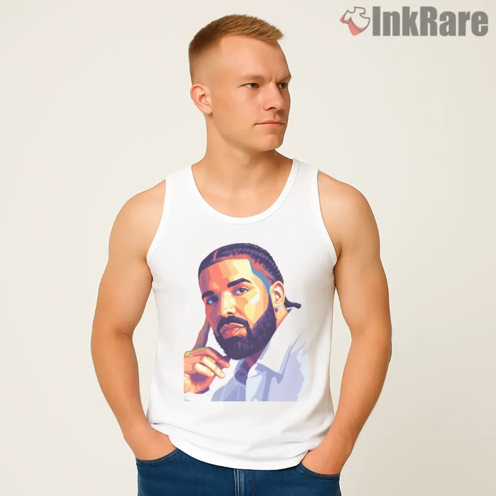 Drake Reflective Pop Art Portrait Shirt on white tank top for men graphic tee