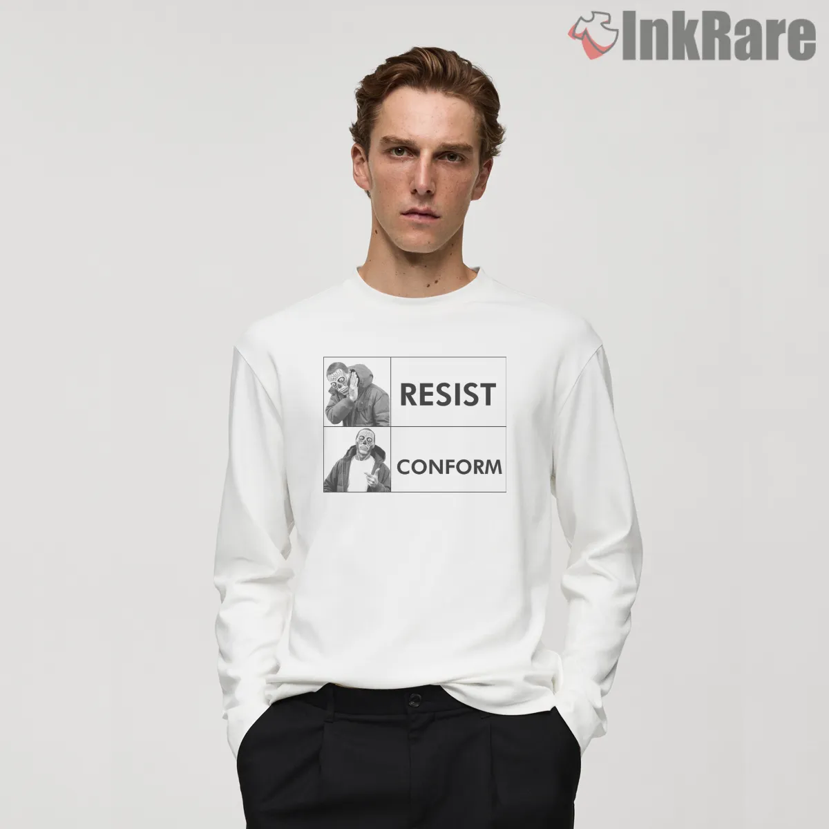 Drake Resist Conform Meme Shirt on white long sleeve shirt for men graphic tee