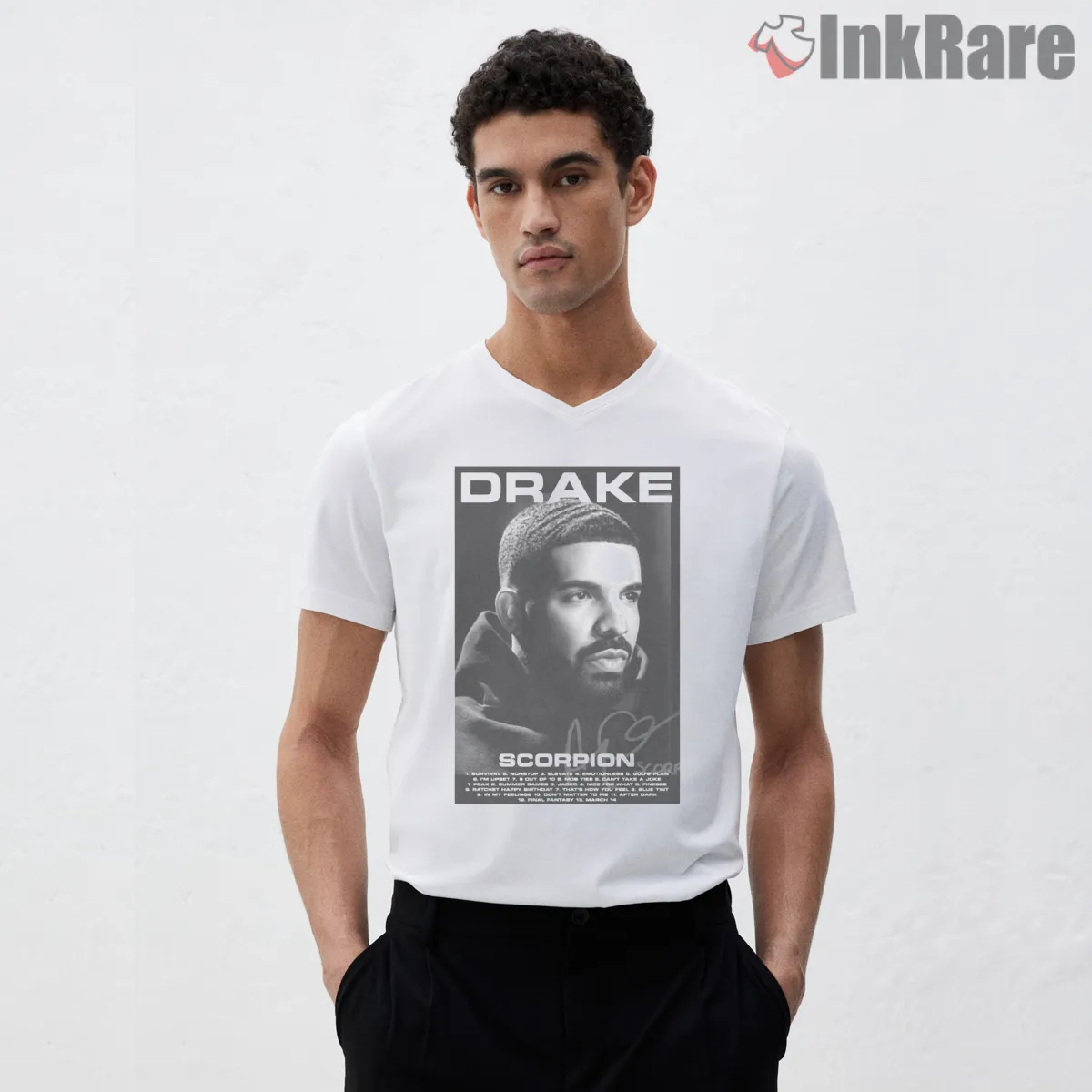 Drake Scorpion Album Poster V Neck White Drake Scorpion Album Poster Shirt on white v-neck shirt for men graphic tee