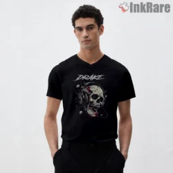 Drake Skull Headphones Rock Fan Art Shirt on black v-neck shirt for men graphic tee