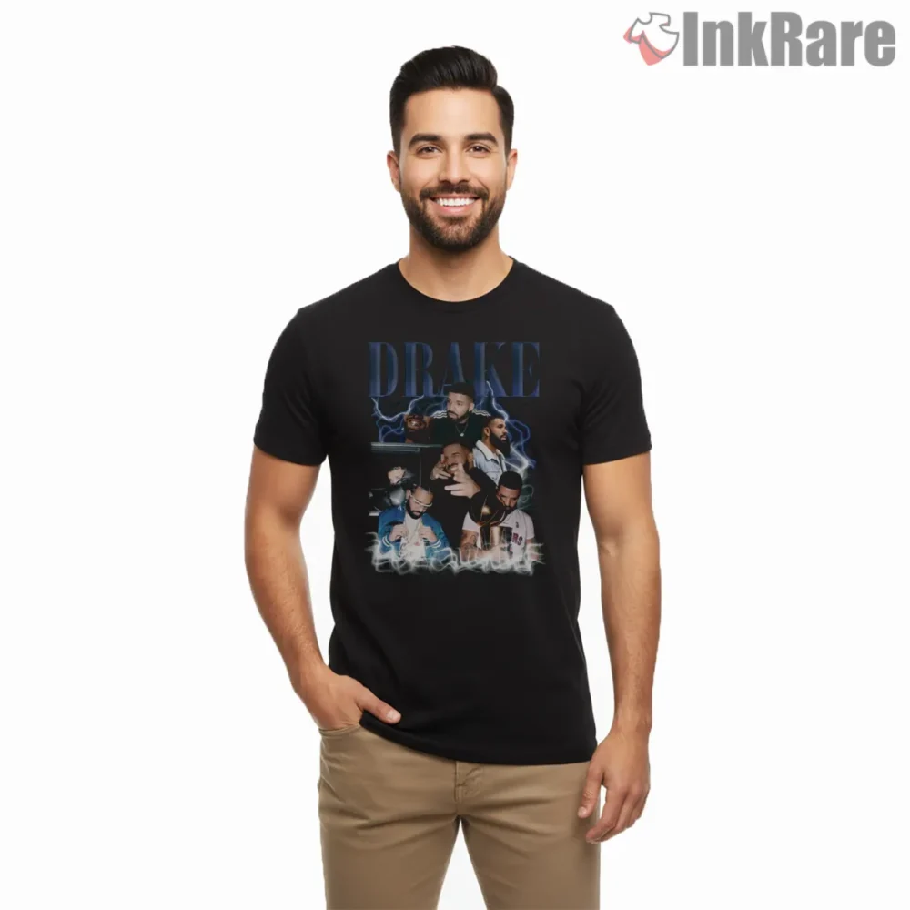 Drake Stormy Cloud Collage Fan Shirt on black short sleeve shirt for men graphic tee