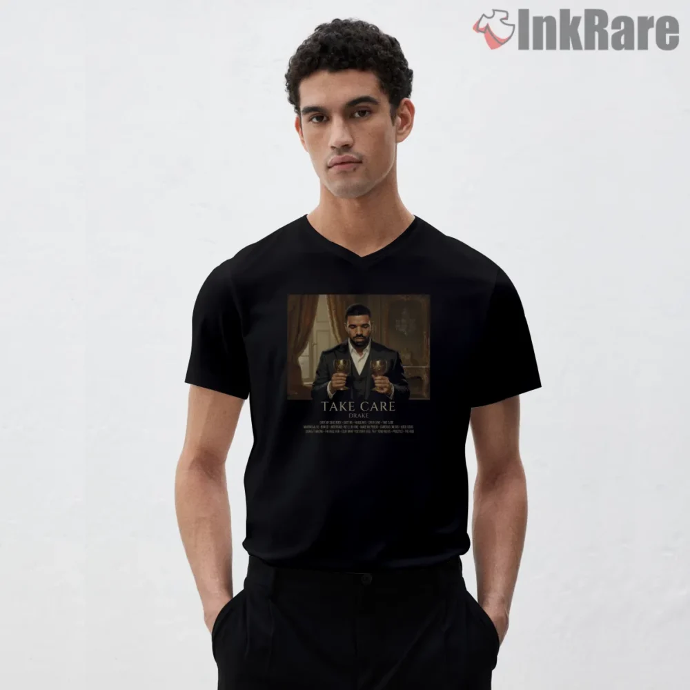 Drake Take Care Goblets Vintage Palace Shirt on black v-neck shirt for men graphic tee