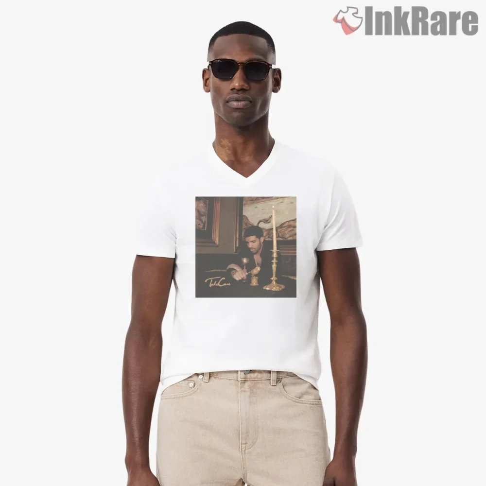 Drake Take Care Golden Table Album Shirt on white v-neck shirt for men graphic tee