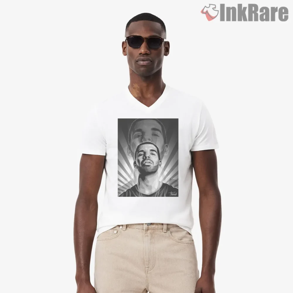 Drake The God Monochrome Rays Shirt on white v-neck shirt for men graphic tee