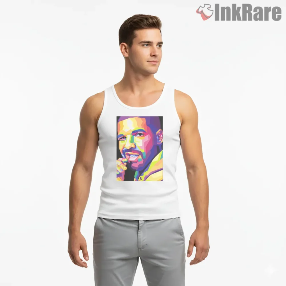Drake Vibrant Pop Art Smile Shirt on white tank top for men graphic tee