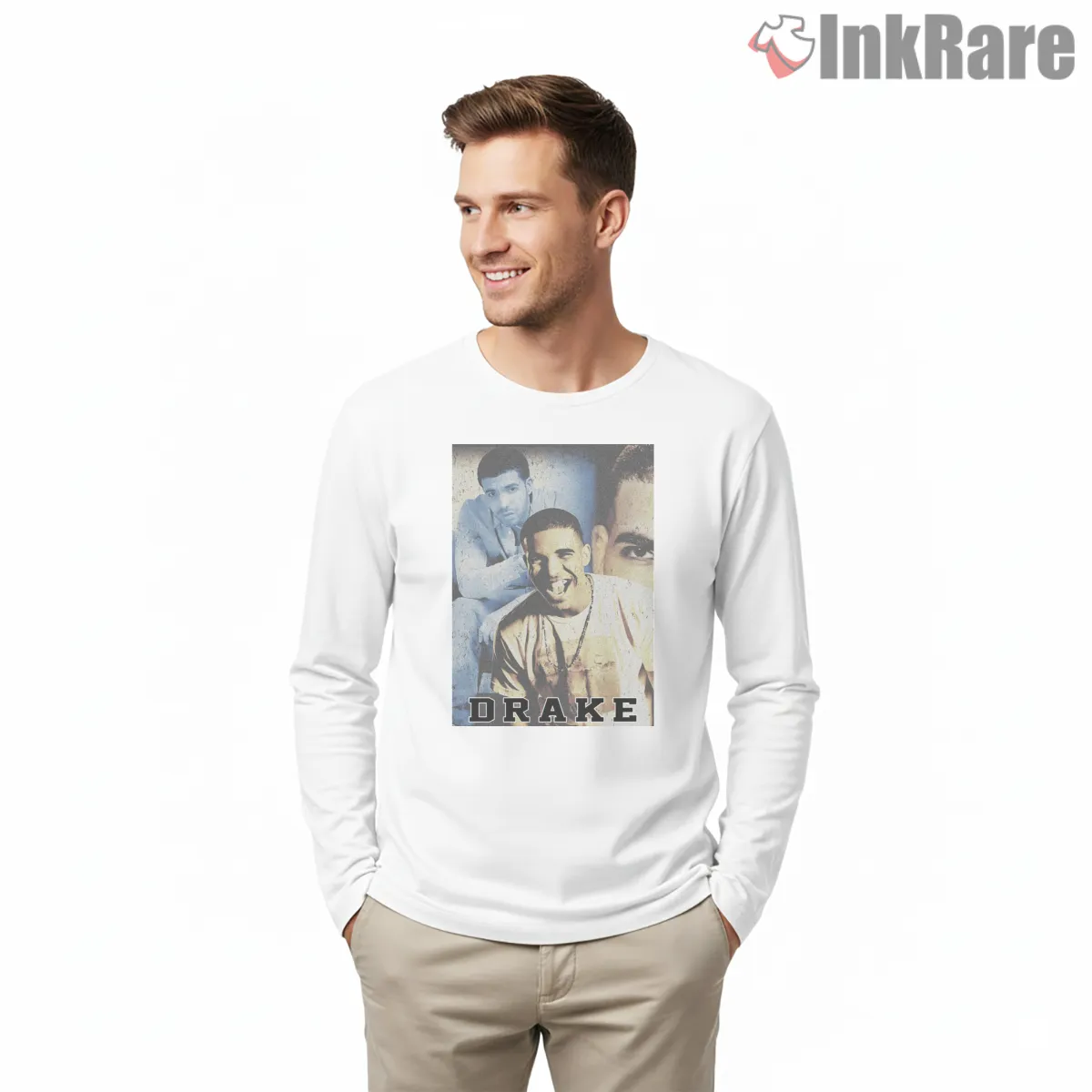 Drake Vintage Halftone Collage Long Sleeve White Drake Vintage Halftone Collage Shirt on white long sleeve shirt for men graphic tee