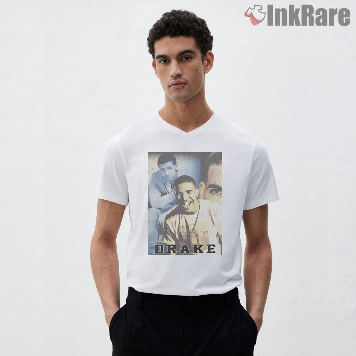 Drake Vintage Halftone Collage V Neck White Drake Vintage Halftone Collage Shirt on white v-neck shirt for men graphic tee
