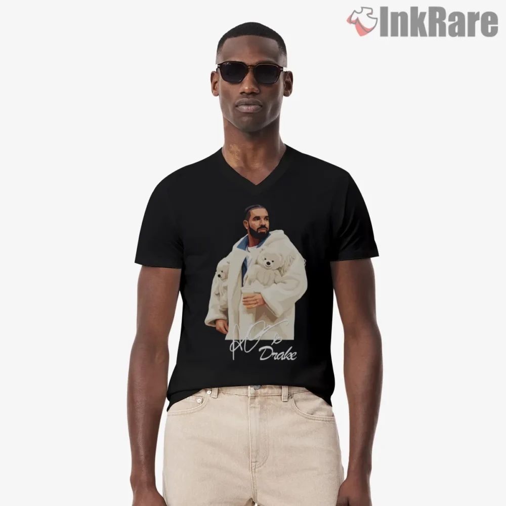 Drake White Puffer Certified Era Illustration Shirt on black v-neck shirt for men graphic tee