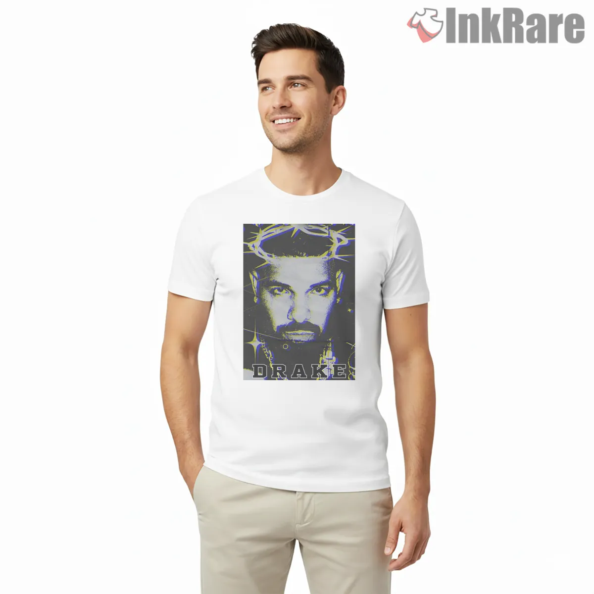Drake Yellow Halftone Crown Shirt on white short sleeve shirt for men graphic tee