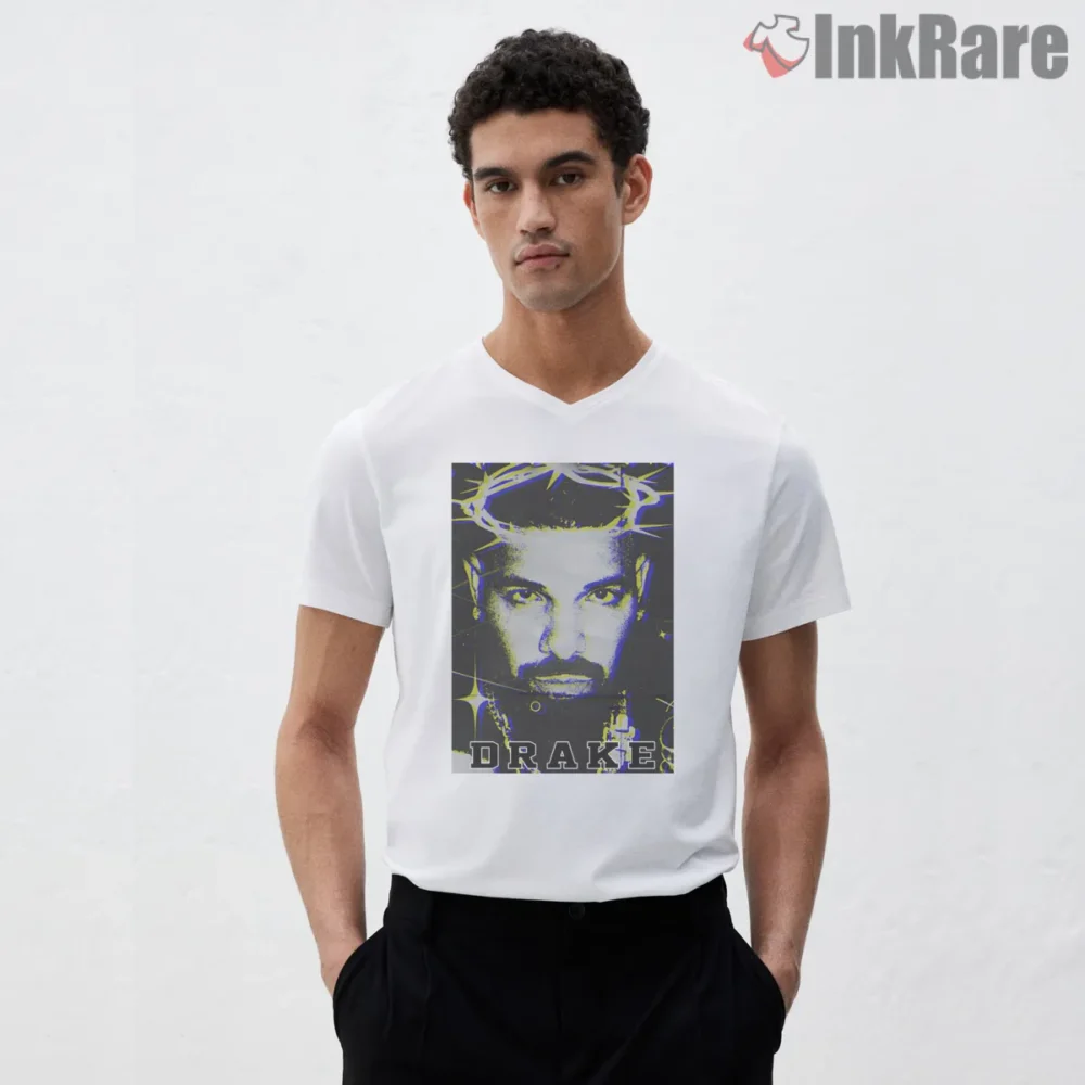 Drake Yellow Halftone Crown Shirt on white v-neck shirt for men graphic tee