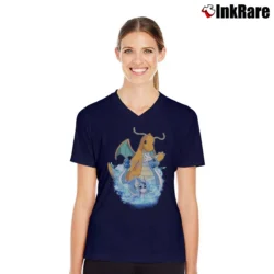 Women’s Dratini Dragonair Dragonite Pokemon Evolution V-Neck Tee in navy | Chic Neckline, Soft Texture