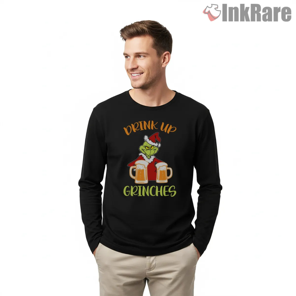Drink Up Grinches Festive Holiday Cheers Long Sleeve Black Drink Up Grinches Festive Holiday Cheers Shirt on black long sleeve shirt for men graphic tee