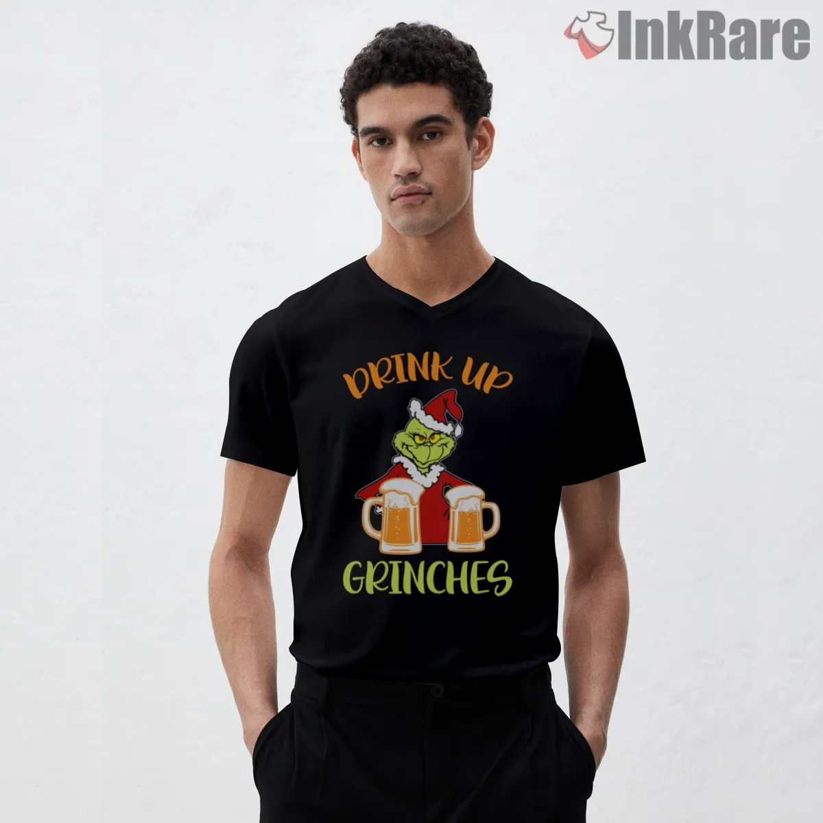 Drink Up Grinches Festive Holiday Cheers V Neck Black Drink Up Grinches Festive Holiday Cheers Shirt on black v-neck shirt for men graphic tee