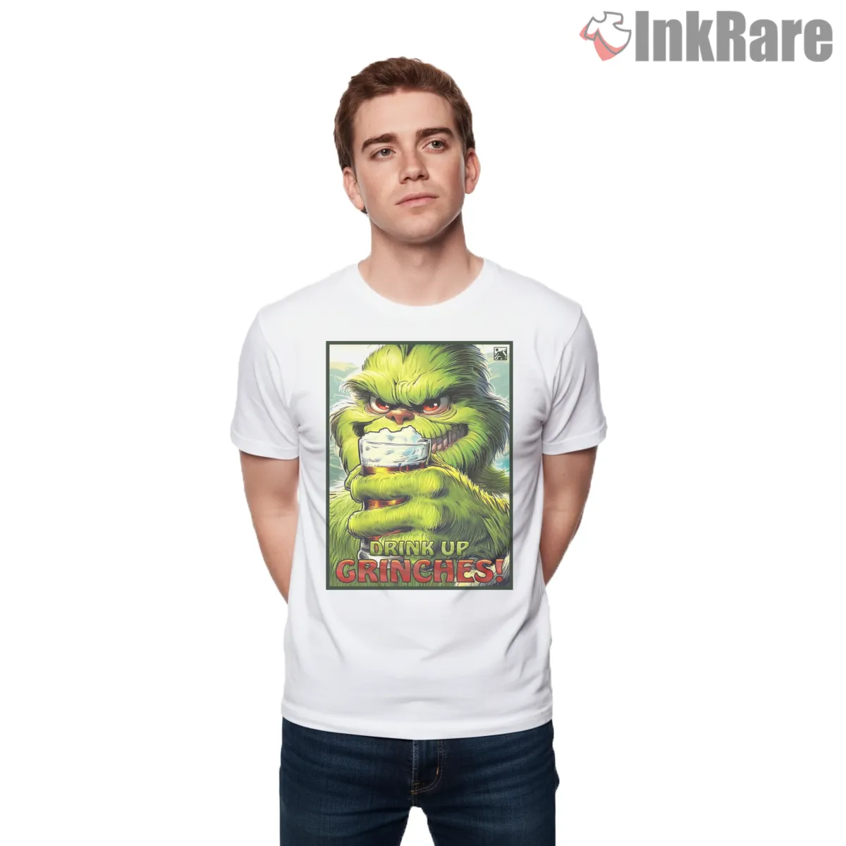 Drink Up Grinches Holiday Party Shirt on white short sleeve shirt for men graphic tee