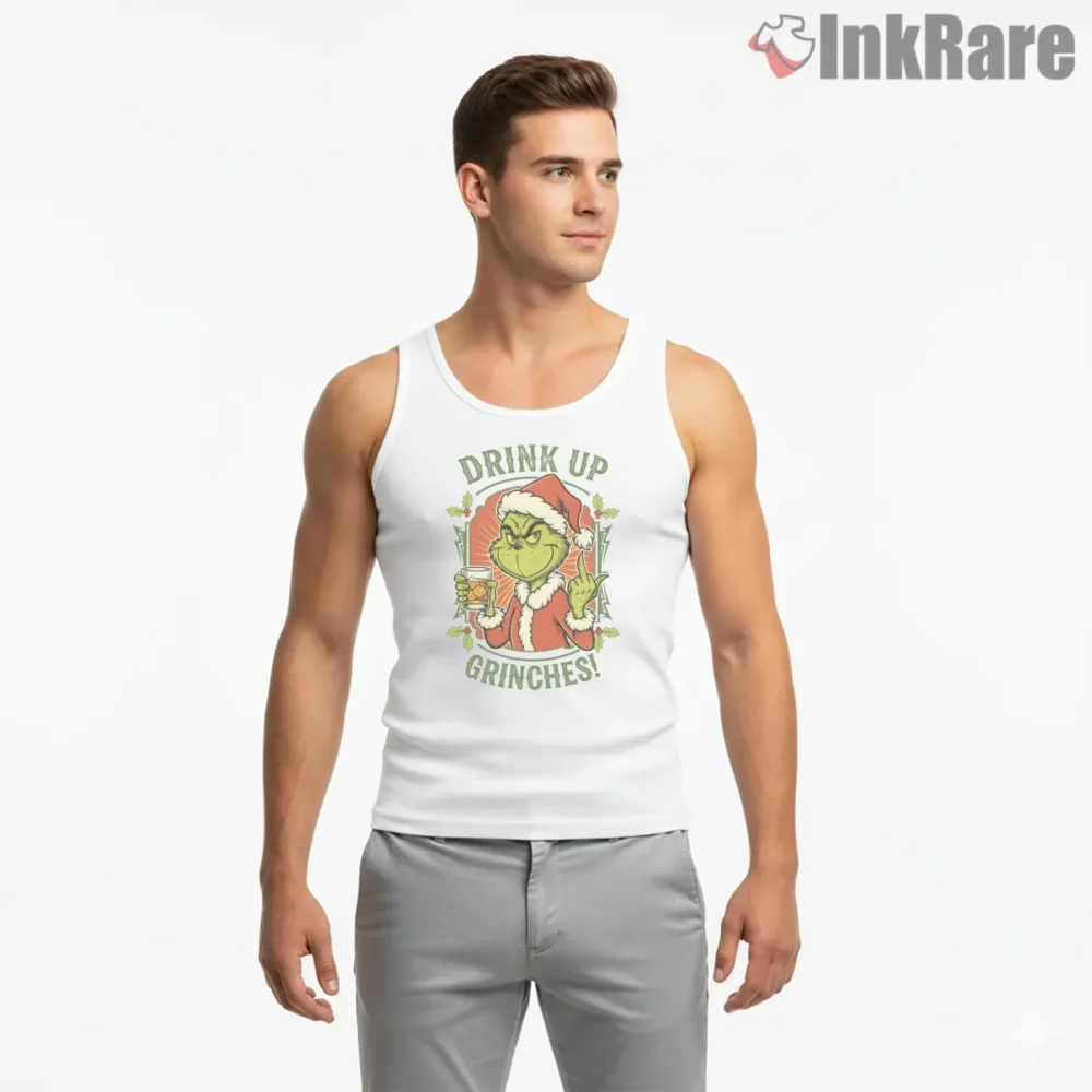 Drink Up Grinches Retro Holiday Party Shirt on white tank top for men graphic tee