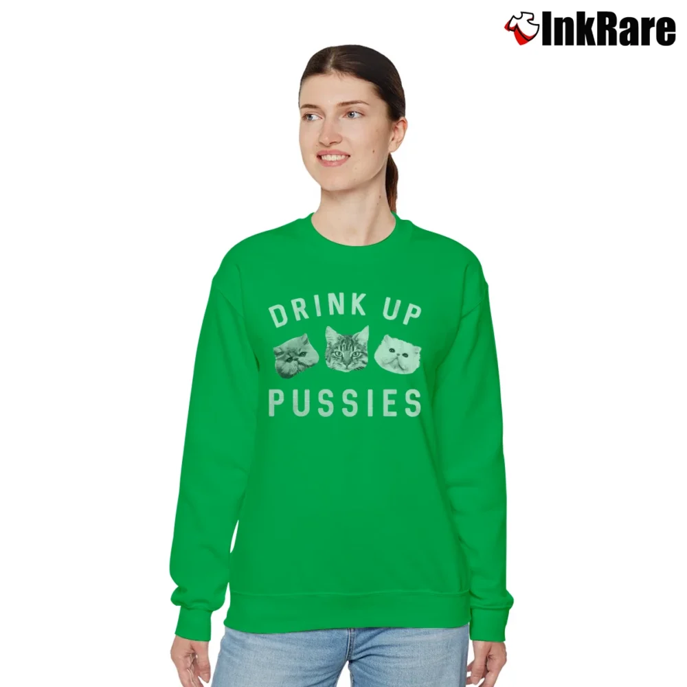 Women’s Drink Up Pussies St Patrick Cat Face Funny Relaxed Sweatshirt in irish green | Soft, Laid-Back Vibe
