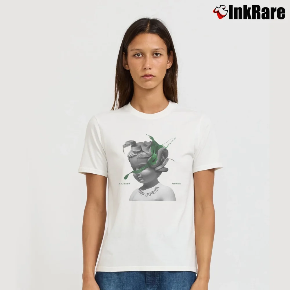 Women’s Drip Harder Album Inspired Rap Graphic Signature T-Shirt in white | Soft, Flattering Fit