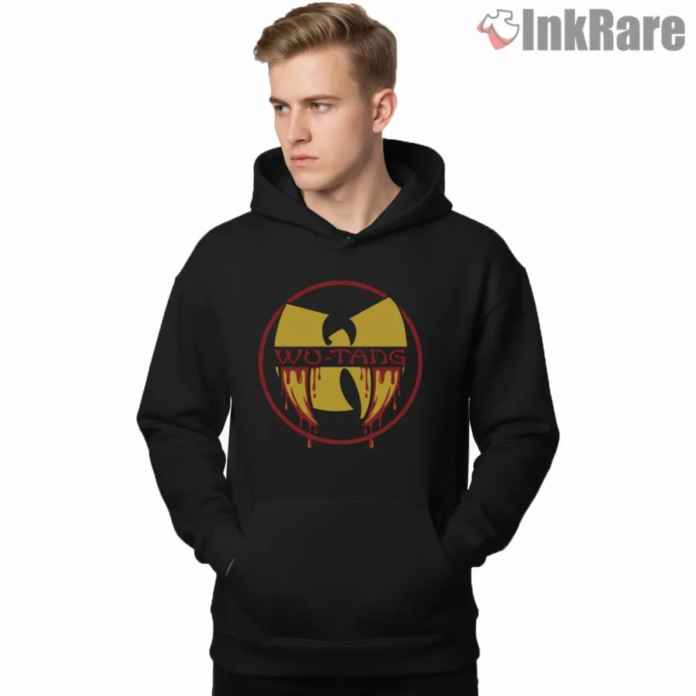 Dripping Circle Wu Tang Fangs Parody Shirt on black hoodie for men graphic tee
