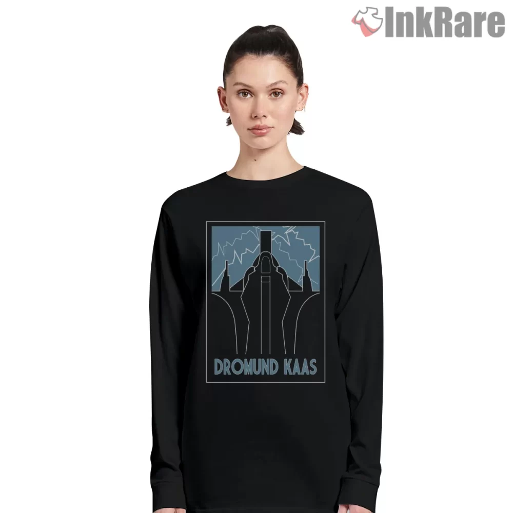 Dromund Kaas Art Deco Travel Poster Shirt on black long sleeve shirt for women graphic tee