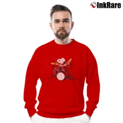Men’s Drummer Snoopy Playing Drum Kits Classic Crewneck Sweatshirt in red | Cozy Fabric, Clean Style