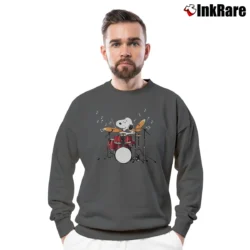 Men’s Drummer Snoopy Playing Drum Kits Crewneck Sweatshirt in charcoal | Cozy Fabric, Clean Style
