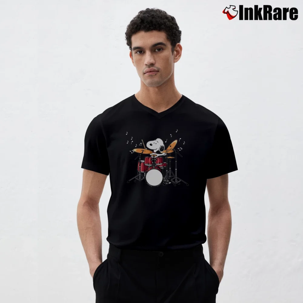 Men’s Drummer Snoopy Playing Drum Kits V-Neck Tee in black | Sharp, Breathable, Everyday Staple