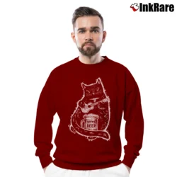 Men’s Drunk Cat Playing Ukulele Beer Lover Funny Crewneck Sweatshirt in maroon | Cozy Fabric, Clean Style