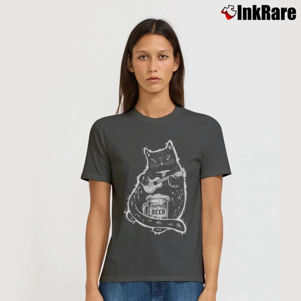 Women’s Drunk Cat Playing Ukulele Beer Lover Funny Signature T-Shirt in charcoal | Soft, Flattering Fit