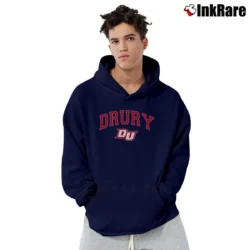Men’s Drury Panthers Black Arch Mascot Champion Pullover Hoodie in navy | Cozy, Durable, Modern Fit