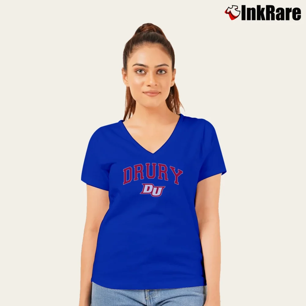 Women’s Drury Panthers Black Arch Mascot Champion V-Neck Tee in royal blue | Chic Neckline, Soft Texture