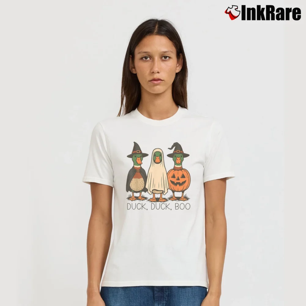 Women’s Duck Duck Boo Funny Halloween Costume T-Shirt in white | Soft, Flattering Fit