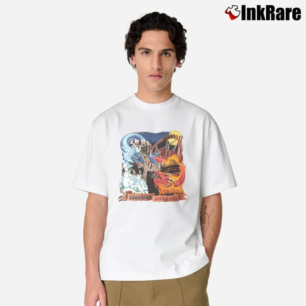 Men’s Dueling Dragons Fantasy Theme Park Classic T-Shirt in white | Soft, Breathable Everyday Wear