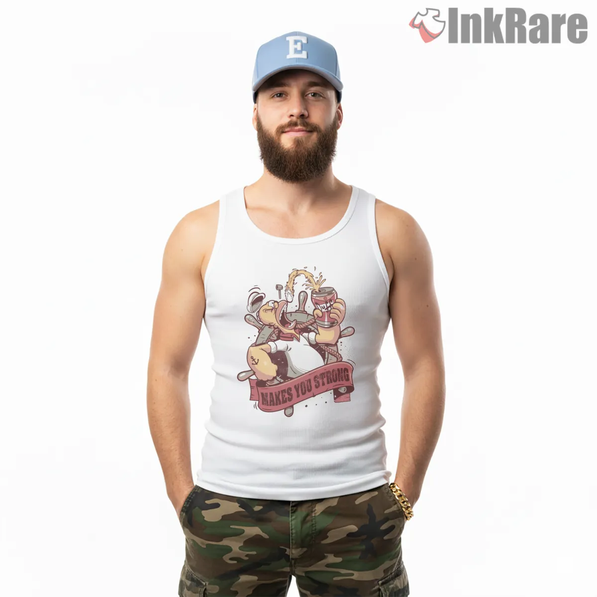Duff Beer Popeye Power Mashup Cartoon Energy Tank Top White Duff Beer Popeye Power Mashup Cartoon Energy Shirt on white tank top for men graphic tee