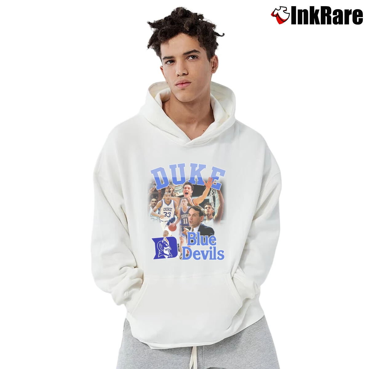 Duke Blue Devils 90s Bootleg Men’s Pullover Hoodie in white – Ultimate Warmth Men’s Duke Blue Devils 90s Bootleg Pullover Hoodie in white | Cozy, Durable, Modern Fit