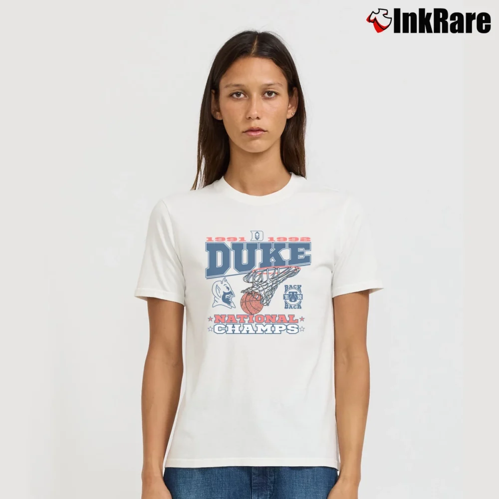 Women’s Duke Blue Devils Back To Back National Champs Signature T-Shirt in white | Soft, Flattering Fit