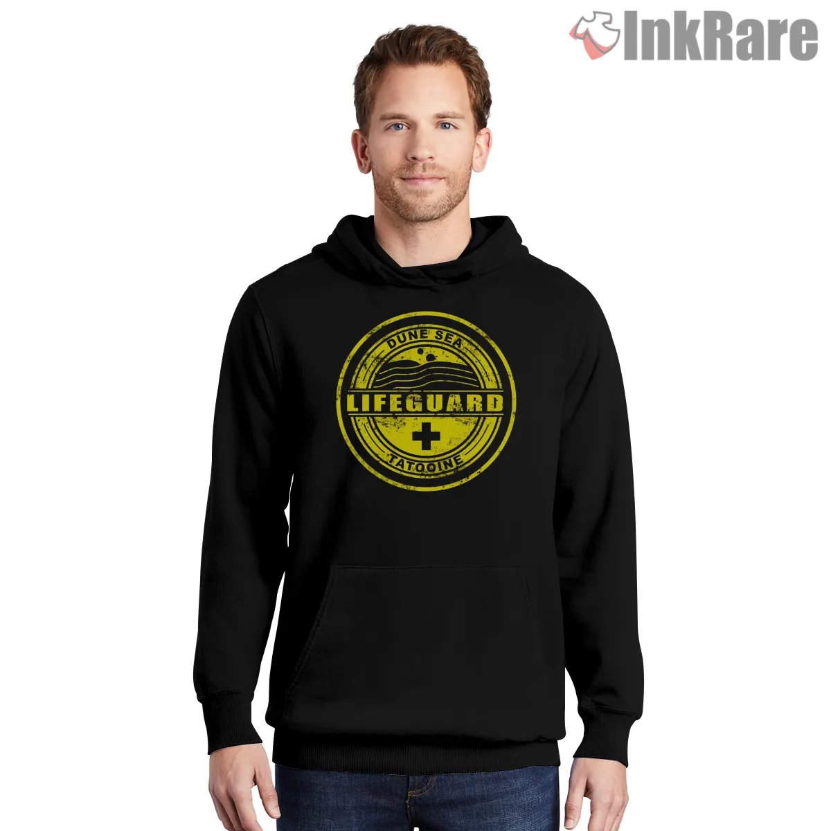 Dune Sea Lifeguard Retro Distressed Shirt on black hoodie for men graphic tee