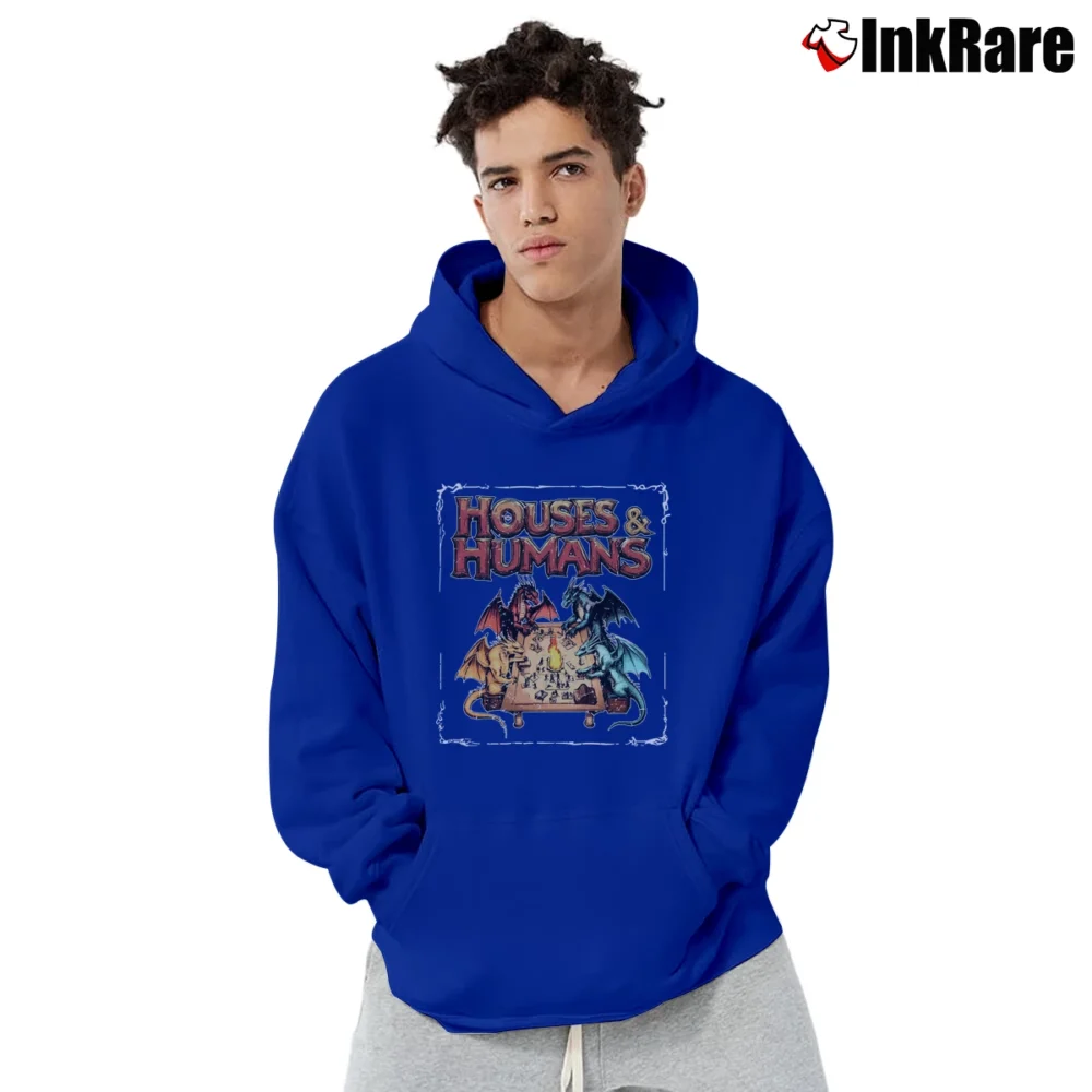Men’s Dungeons And Dragons Houses And Humans Casual Rpg Pullover Hoodie in royal blue | Cozy, Durable, Modern Fit