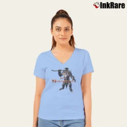 Women’s Dungeons And Dragons Neverwinter Style Graphic V-Neck Tee in light blue | Chic Neckline, Soft Texture