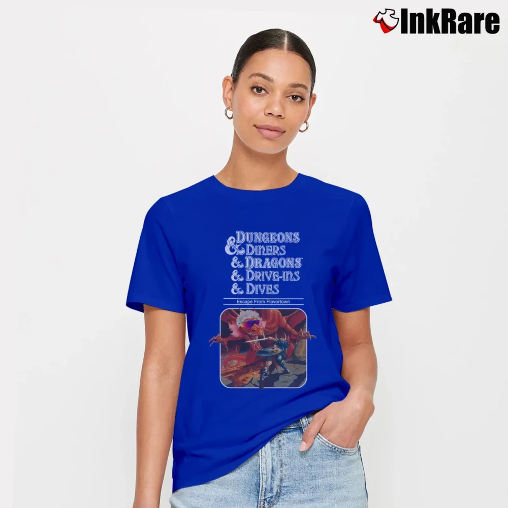 Women’s Dungeons Diners Dragons Drive Ins Dives Parody Signature T-Shirt in royal blue | Soft, Flattering Fit