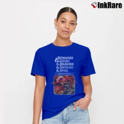Women’s Dungeons Diners Dragons Drive Ins Dives Parody Signature T-Shirt in royal blue | Soft, Flattering Fit