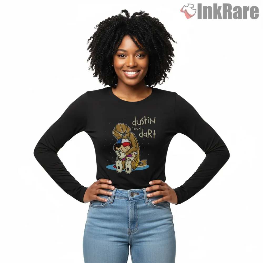 Dustin And Dart Cute Demodog Friendship Cartoon Shirt on black long sleeve shirt for women graphic tee