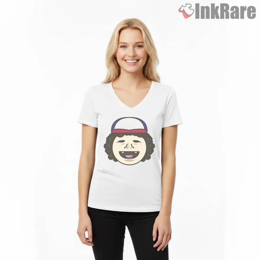 Dustin Chocolate Pudding Celebration Cartoon Shirt on white v-neck shirt for women graphic tee