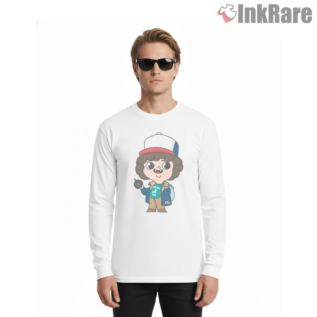 Dustin Henderson Chibi Cartoon Portrait Long Sleeve White Dustin Henderson Chibi Cartoon Portrait Shirt on white long sleeve shirt for men graphic tee