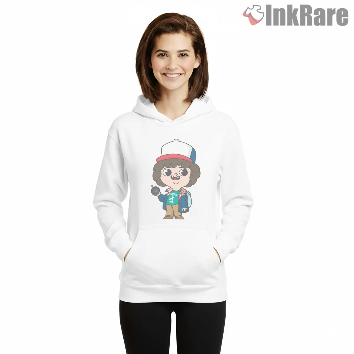 Dustin Henderson Chibi Cartoon Portrait Shirt on white hoodie for women graphic tee
