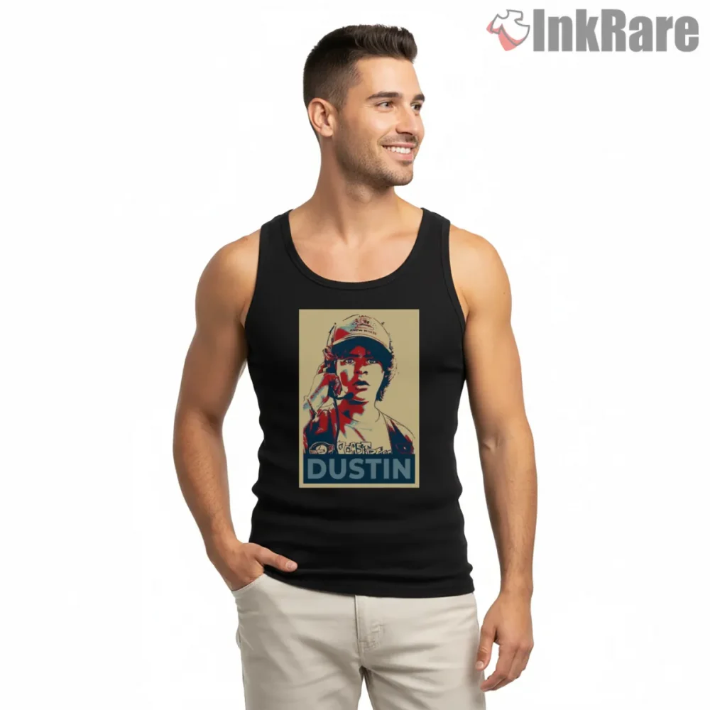 Dustin Henderson Retro Hero Portrait Shirt on black tank top for men graphic tee