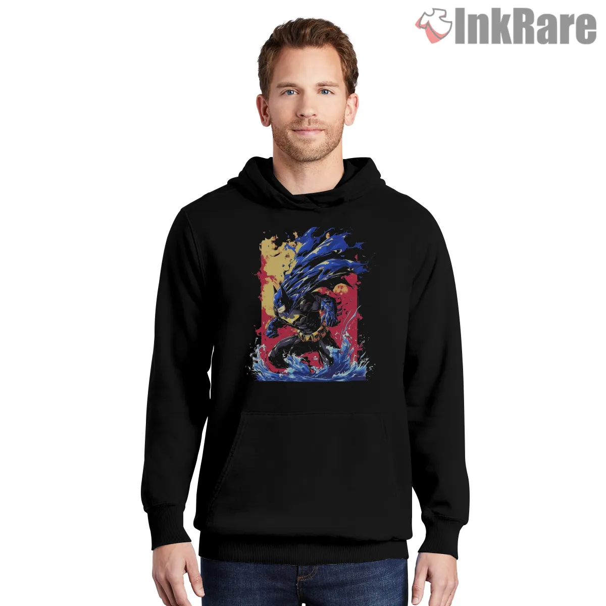 Dynamic Batman Blue Cape Splash Shirt on black hoodie for men graphic tee