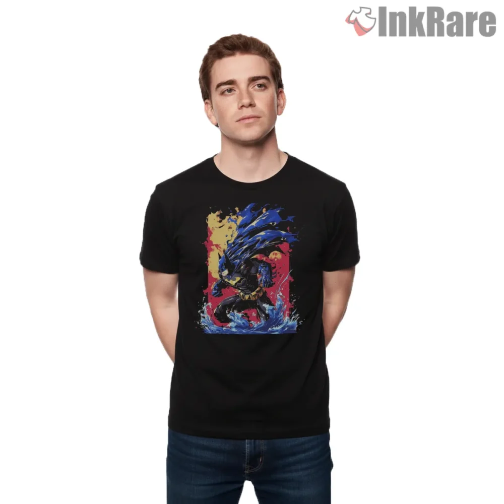 Dynamic Batman Blue Cape Splash Shirt on black short sleeve shirt for men graphic tee