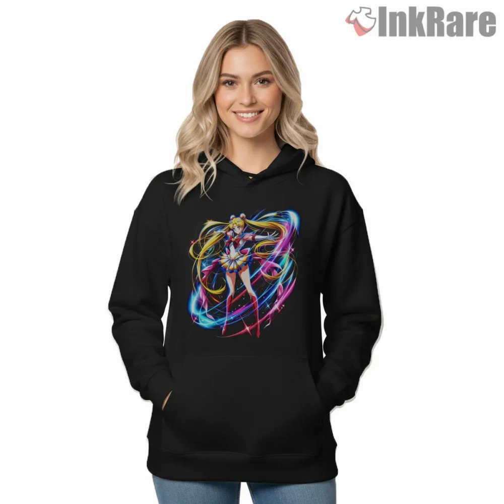 Dynamic Full Body Moon Guardian Art Shirt on black hoodie for women graphic tee