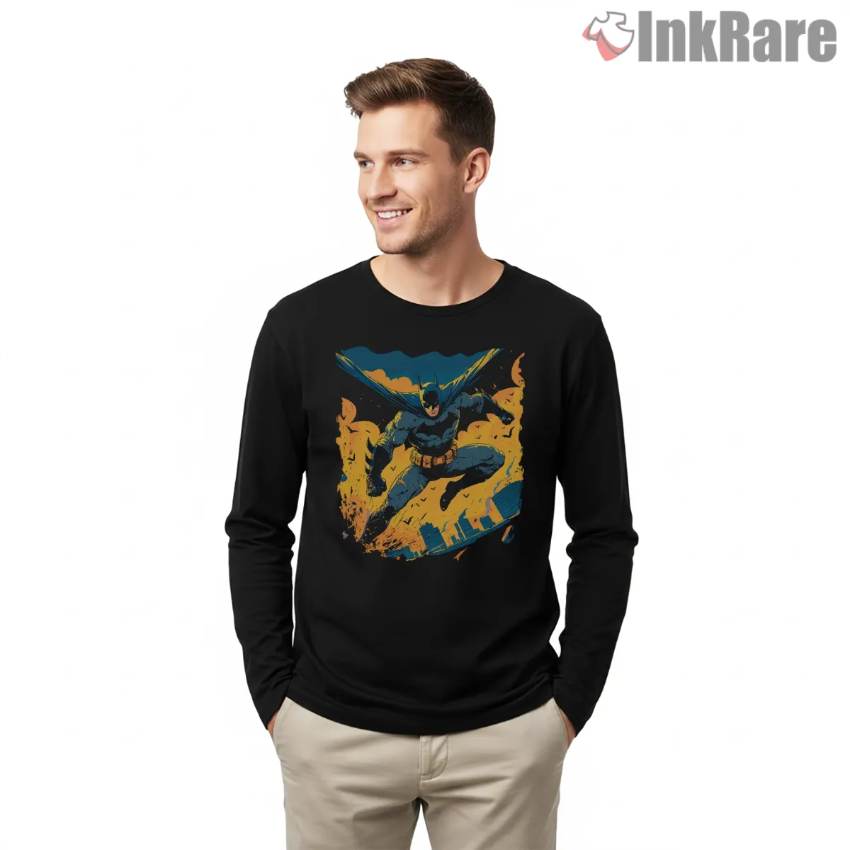 Dynamic Gliding Strike Batman Shirt on black long sleeve shirt for men graphic tee